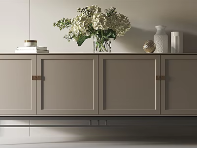 Elegant Modern Console Cabinet With Flower Arrangement Vase Books And Decorative Items 3d model
