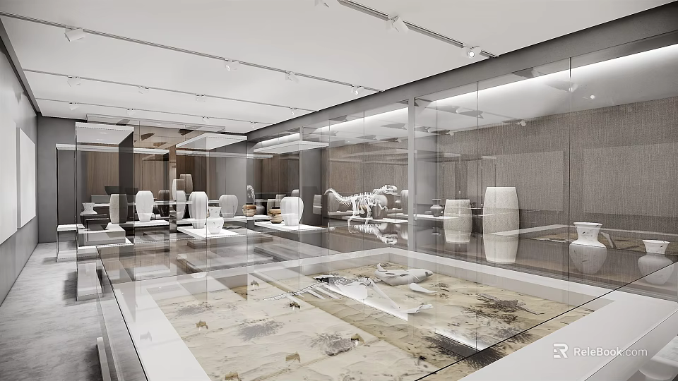 Modern Cultural Center Exhibition Hall With Glass Display Cases And Ancient Artifacts 3d model 