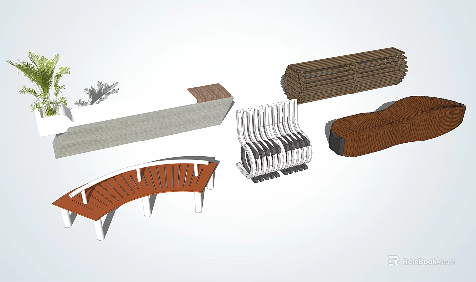 Diverse Outdoor Landscape Seats With Wooden Metal Designs And Garden Elements 3d model 