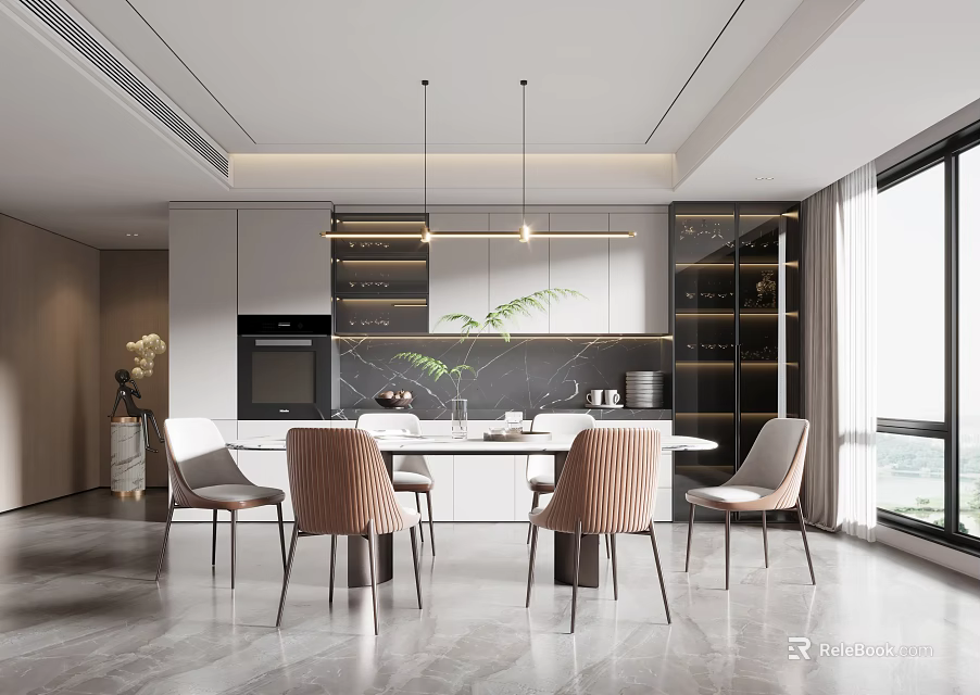 Modern Restaurant Interior Design With Marble Dining Table Chairs Pendant Lights And Open Kitchen Cabinets 3d model 