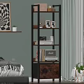 Modern Bookshelf With Wooden Shelves Metal Frame Books Photo Frames And Decorative Items