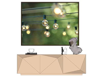 Living Room TV Stand With Cup Book Figurines And String Lights Wall Art 3d model