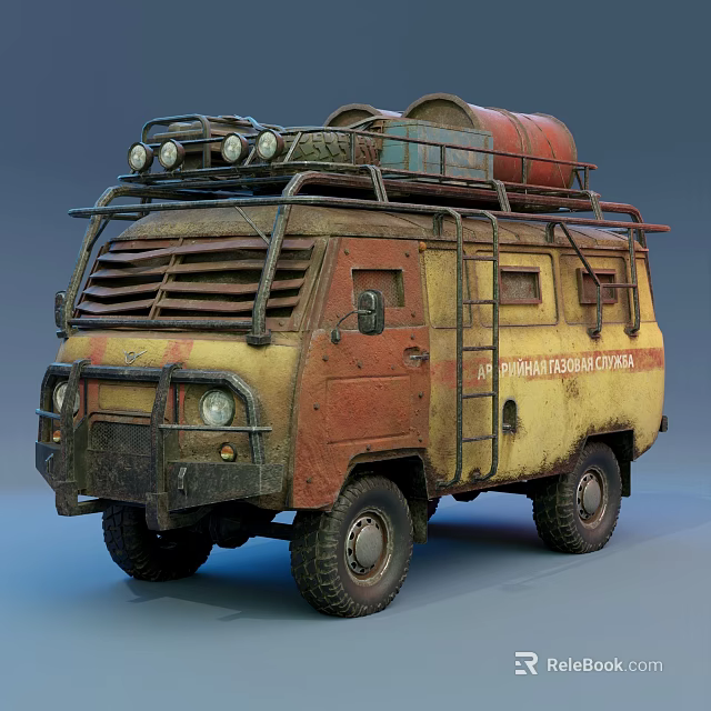 Vintage Off Road Van With Yellow Red Body Roof Rack And Operator Team Logo 3d model 