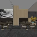 Modern Restaurant Interior Design With Wooden Tables Chairs Decorative Painting And Sliding Screens