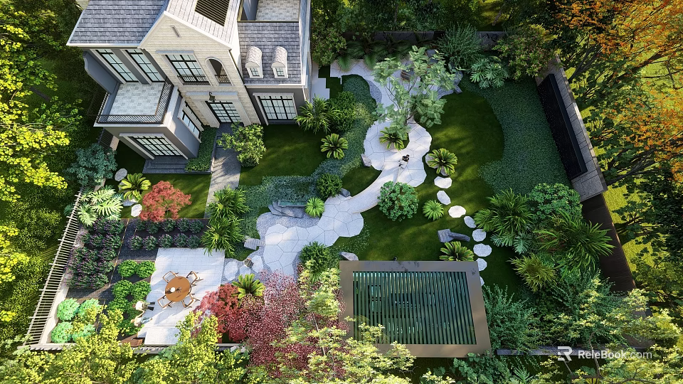 Modern Garden Wall Design With Green Plants Stone Path And Seating Area 3d model 