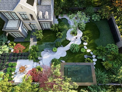 Modern Garden Wall Design With Green Plants Stone Path And Seating Area 3d model