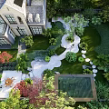 Modern Garden Wall Design With Green Plants Stone Path And Seating Area