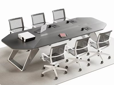 Modern Oval Conference Table with Mesh Office Chairs Projector and Notebook 3d model