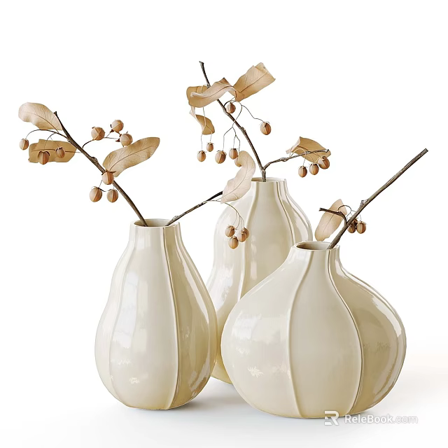 White Ceramic Decorative Vase Set Featuring Curved Shape And Leaf Berry Branches 3d model