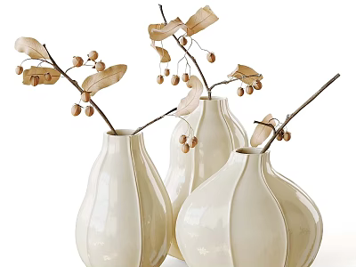 White Ceramic Decorative Vase Set Featuring Curved Shape And Leaf Berry Branches 3d model