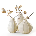 White Ceramic Decorative Vase Set Featuring Curved Shape And Leaf Berry Branches 3d model