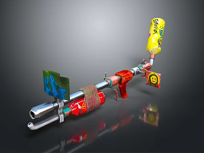 Unique Colorful Weapon With Red Yellow Silver Barrel Handle And Decorative Stickers 3d model