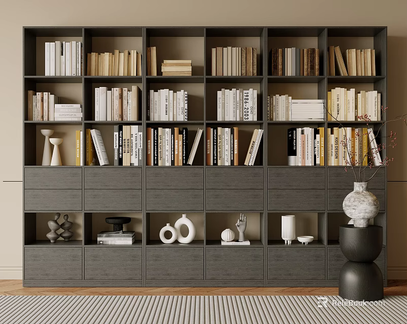 Modern Gray Bookcase With Multiple Compartments Filled With Books Decorative Items And Lower Drawers 3d model