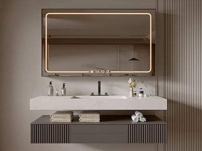 Modern Elegant Bathroom Cabinet with LED Lighted Mirror Marble Countertop Toiletries Drawers and Towels 3d model