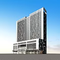 Modern High Rise Office Building With Glass Curtain Wall And Blue Sky Background Design
