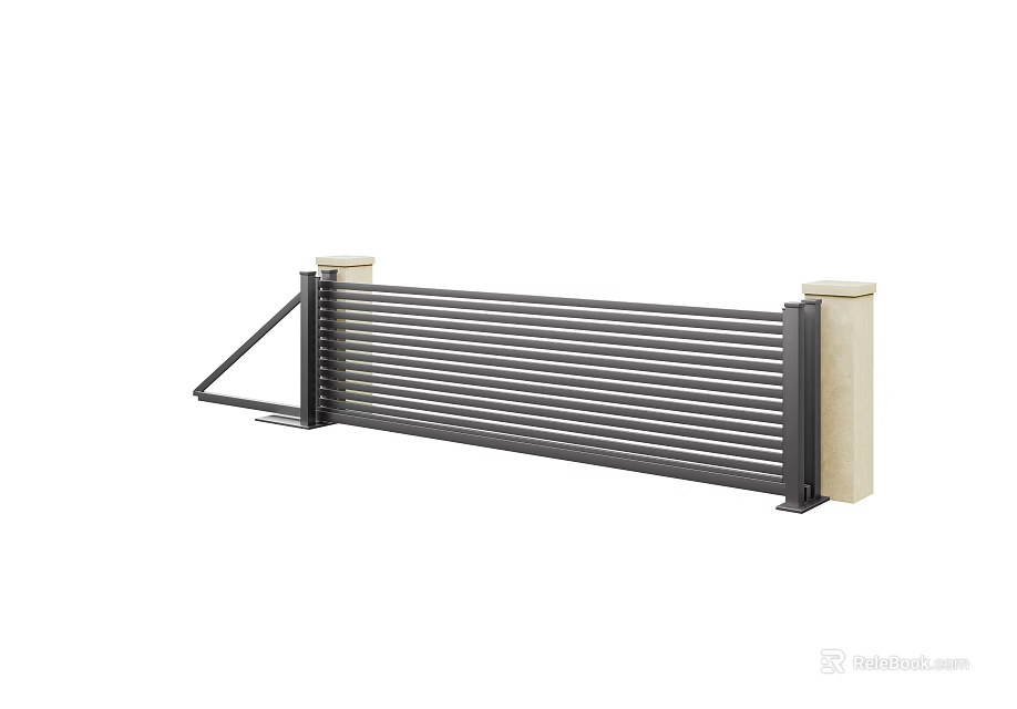 Modern Sliding Gate With Metal Slats And Beige Support Pillars Design 3d model 