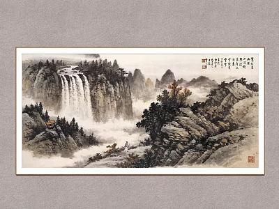 Traditional Chinese Landscape Painting With Waterfall Mountain Peaks And Misty Trees 3d model