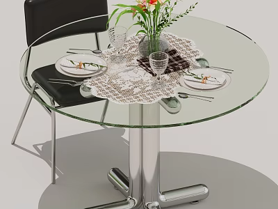 Round Glass Dining Table With Black Chair Tableware Wine Glasses And Flower Vase 3d model