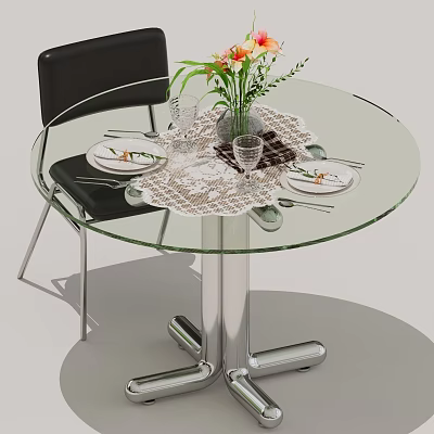 Round Glass Dining Table With Black Chair Tableware Wine Glasses And Flower Vase 3d model