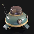Cartoon Flying Saucer With Blue Yellow Design Transparent Dome Bottom Wheels And Small Antenna