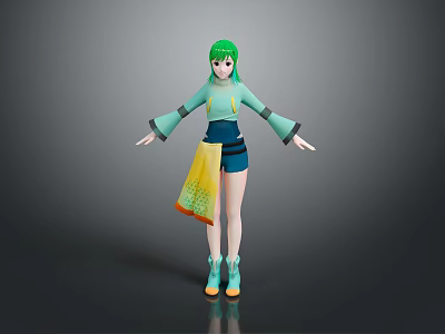 3D Model Character With Green Hair Light Green Top And Blue Shorts On Gray Background 3d model