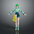 3D Model Character With Green Hair Light Green Top And Blue Shorts On Gray Background