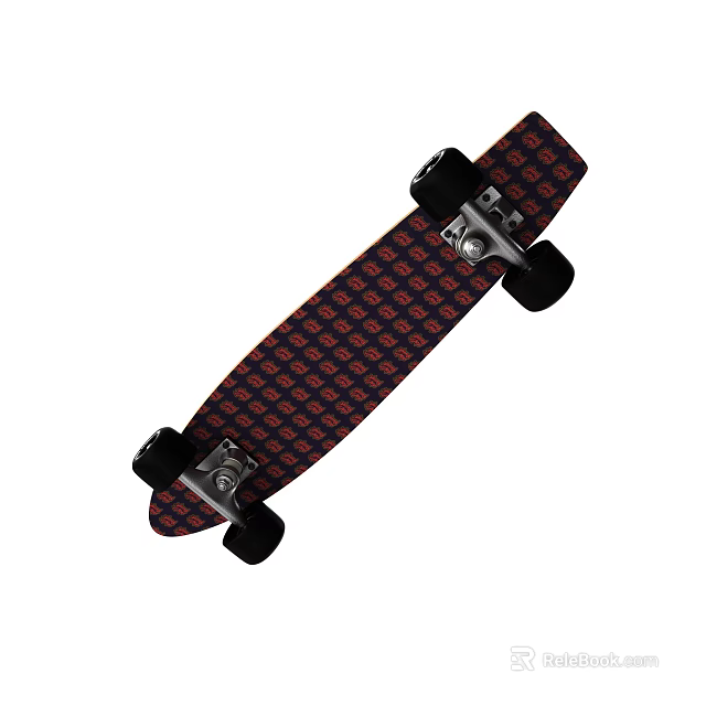 Durable Red Patterned Skateboard Sports Equipment With Black Wheels And Metal Trucks 3d model 