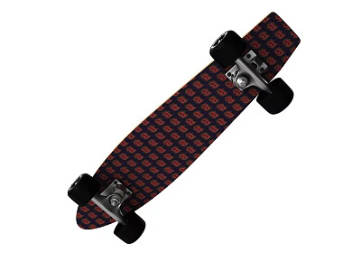 Durable Red Patterned Skateboard Sports Equipment With Black Wheels And Metal Trucks 3d model