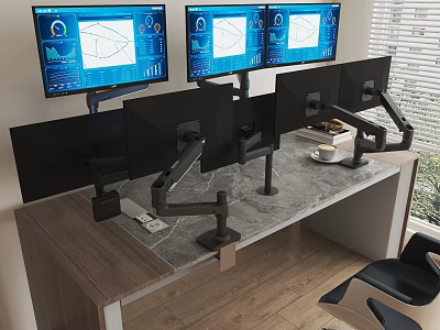 Multi Monitor Office Workstation With Marble Desktop Data Charts And Coffee Cup 3d model