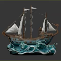 Decorative Sailing Ship Model With White Sails Blue Wave Base And Intricate Design