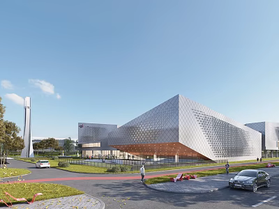 Modern Architectural Structure With Geometric Facade Design Roads Vehicles And Greenery Under Blue Sky 3d model