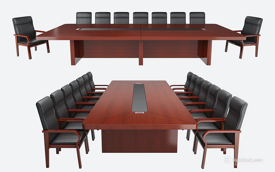 Large Dark Wooden Conference Table With Black Leather Chairs For Meeting Setup 3d model 