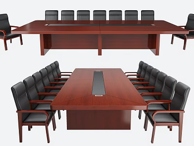 Large Dark Wooden Conference Table With Black Leather Chairs For Meeting Setup 3d model