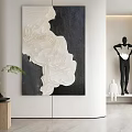 Modern Interior Space With Large Abstract Painting Black Sculpture And Green Plant