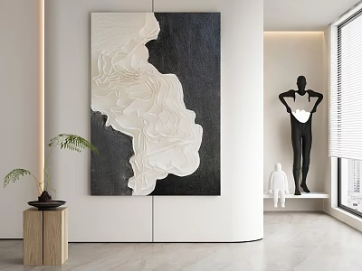 Modern Interior Space With Large Abstract Painting Black Sculpture And Green Plant 3d model