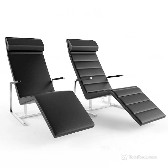 Modern Black Lounge Chairs with Leather Upholstery and Metal Frame Adjustable Ottoman Design 3d model 