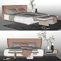 Modern Double Bed Interior With Leather Headboard Gray Pillows Brown Blanket And Side Table Plants
