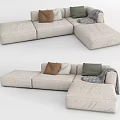 Modern Beige Sectional Sofa With Multiple Pillows And Throw Blanket 3d model