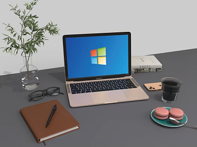 Modern Laptop with Windows Screen on Workspace Including Green Plant Notebook Coffee Cup and Macarons 3d model