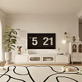 Modern Minimalist Living Room With TV Stand Large Plant And Patterned Rug Decorations