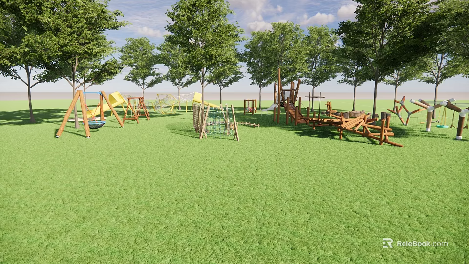 Outdoor Playground Equipment With Swings Slides Climbing Frames And Green Grass 3d model 