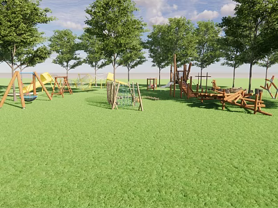 Outdoor Playground Equipment With Swings Slides Climbing Frames And Green Grass 3d model