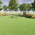 Outdoor Playground Equipment With Swings Slides Climbing Frames And Green Grass