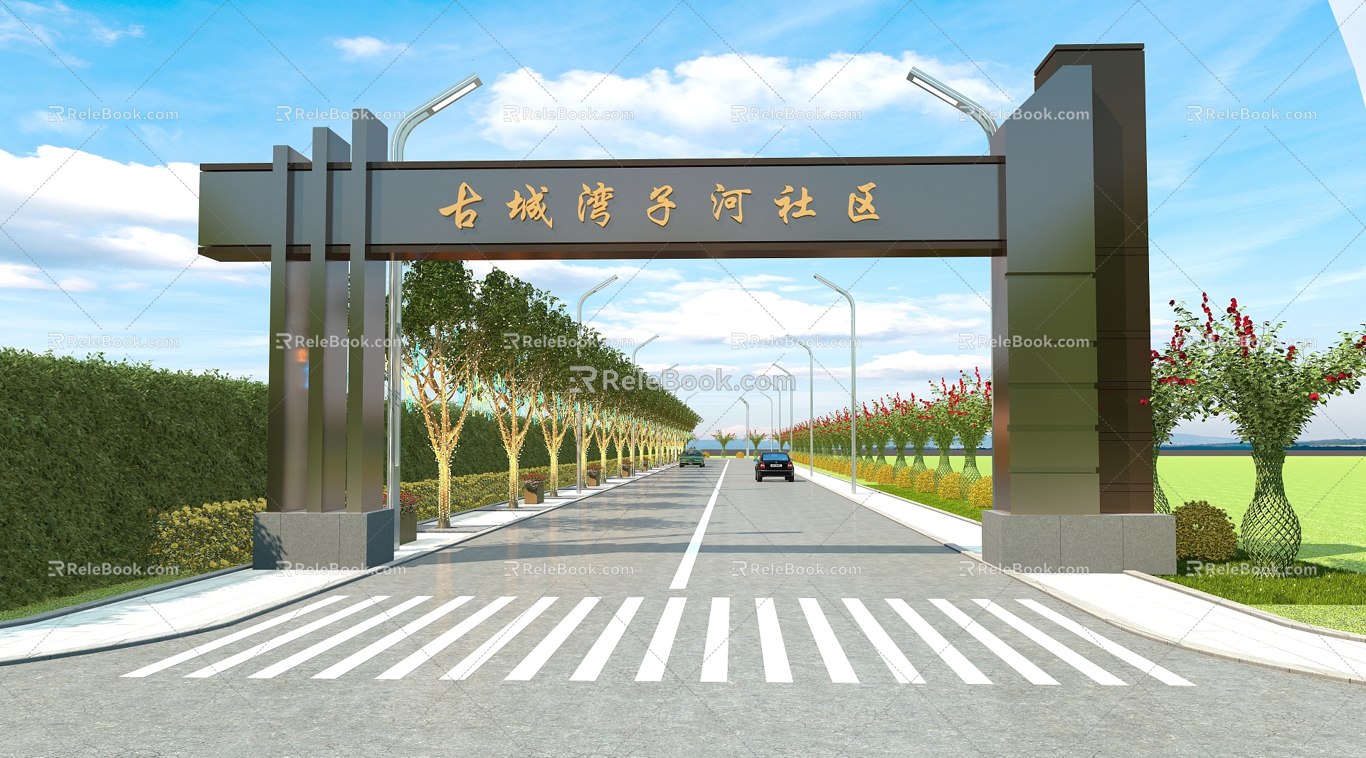 Entrance number tree hanging lighting street lighting community entrance street road landscape 3d model