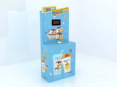 Interactive Zone With Blue Box Screen Showing 0000 Cartoon Characters And Drink Box 3d model