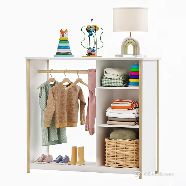 Kids Decorative Cabinet With Hanging Sweaters Folded Clothes Wicker Basket Toy Rainbow And Lamp 3d model 