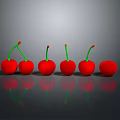 Six Fresh Red Cherries With Green Stems On Dark Reflective Surface