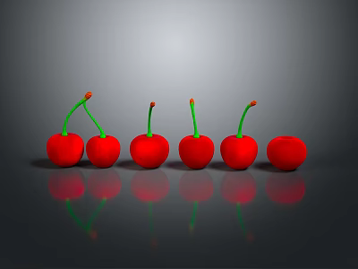 Six Fresh Red Cherries With Green Stems On Dark Reflective Surface 3d model
