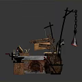 Ancient Blacksmith Workshop Scene With Furnace Anvil Wooden Barrel Iron Chain And Tools