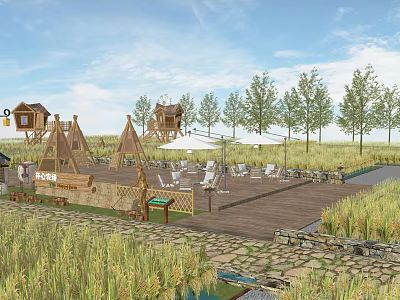 Scenic Rural Landscape Featuring Wooden Deck Thatched Huts Sun Umbrellas Rice Fields And Trees 3d model